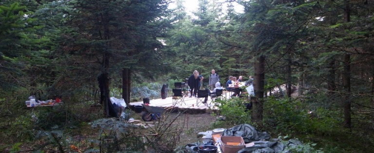 Mennesker der sidder på stole på et plateau omgivet af træer i Skovsnogen Artspace i Herning